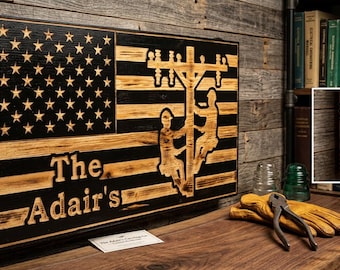 Wooden American Flag Rustic Lineman Wall Decor Art for Utility Workers Gift for Linemen