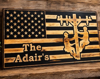 Wooden American Flag Rustic Lineman Wall Decor Art for Utility Workers Gift for Linemen