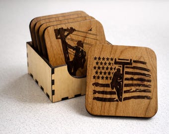 Solid Wood Lineman Engraved Set of 4 Customized Drink Coasters
