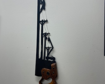 Lineman Handsaw Wall Art – Rustic Metal Sign, Personalized Engraved Gift | Retirement, Father’s Day, Powerline Worker Décor
