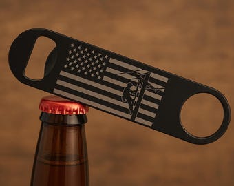 Laser Engraved American Lineman Flag Steel Bottle Opener | Journeyman Gift