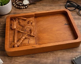 Cherry Wood Lineman Valet Tray, 3D Carved Electrician Catch All Organizer