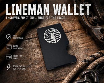 Lineman Engraved Wallet, RFID Blocking Slim, Electrician Gift, Utility Worker, American Flag Design