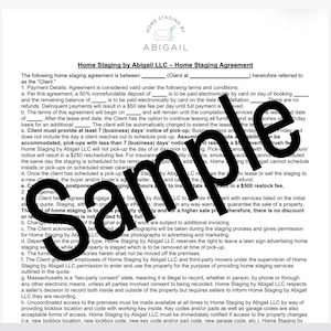 May include: A white document titled Home Staging by Abigail LLC Home Staging Agreement with a logo at the top featuring a house outline. The text outlines terms and conditions for staging services, overlaid with a large black diagonal Sample stamp.