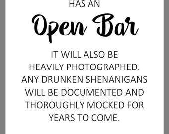 PRINTABLE 8x10 Open Bar DRUNKEN SHENANIGANS Sign