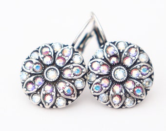 Antique Silver Swarovski Aurora Borealis and Crystal Moonlight Crystal Flower Lever Back Dangly Dropper Earrings