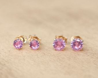 Aretes rellenos de oro con piedras preciosas de zafiro rosa creados en laboratorio, 4 mm y 5 mm