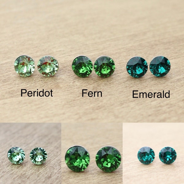 Sterling Silver 925 Green Swarovski Crystal Round Stud Earrings 8mm Peridot, Fern & Emerald Green Chatons Choice of Colours