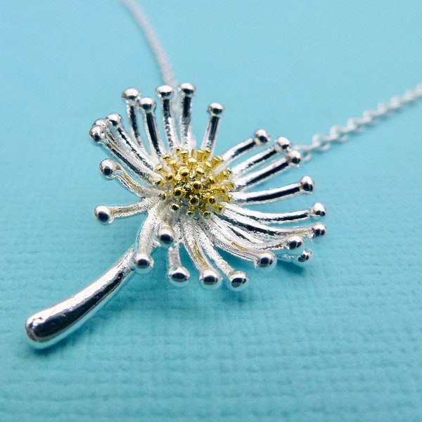 Sterling Silver 925 Dandelion Flower Charm With Gold Detailing Necklace Pendant Trace Chain Choice Of Chain Length Dandelion Clock