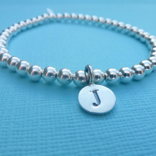 Sterling Silver 925 4mm Round Ball Beaded Stretch Bracelet With Initial Letter Charm Stacker Bracelets Roodle Rice Noodle Personalized