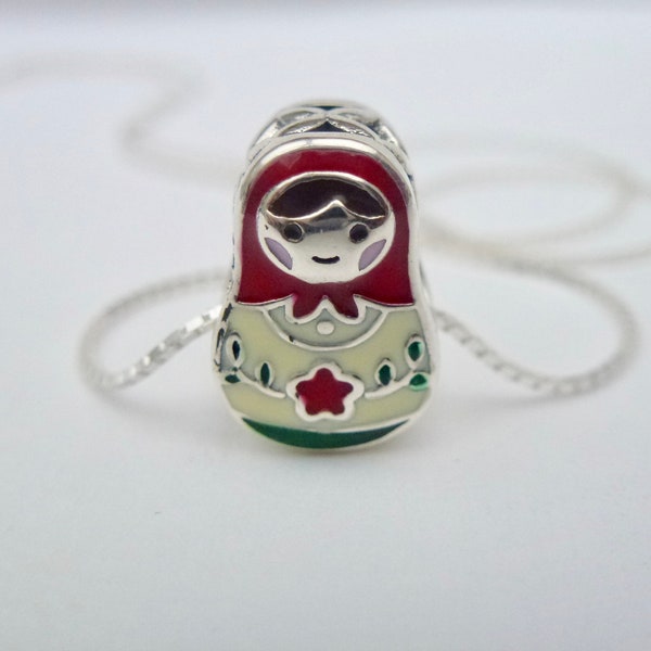 Argent sterling émail 3D poupée russe boîte à breloques chaîne collier pendentif 925 Babushka matriochka bracelet choisir la longueur du collier perle