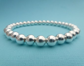 Sterling Silver 925 6mm Round Ball Beaded Stretch Bracelet Stacker Bracelets Roodle Rice Noodle