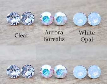 Boucles d'oreilles rondes en argent sterling 925 avec cristaux Swarovski transparents 8 mm, cristal transparent, aurore boréale, chatons en opale blanche, couleurs au choix