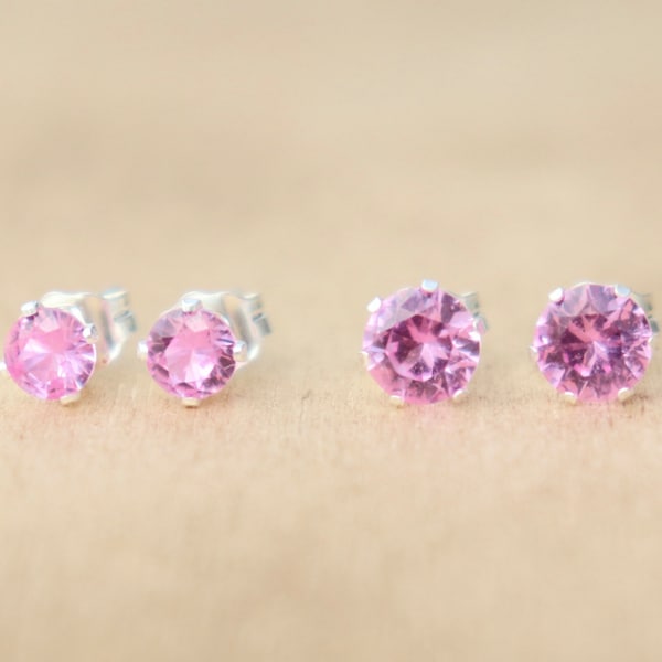 Lab Created Pink Sapphire Gemstone Sterling Silver Stud Earrings 4mm & 5mm