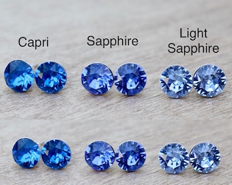 Sterling Silver 925 Blue Swarovski Crystal Round Stud Earrings 8mm Capri, Sapphire & Light Sapphire Blue Chatons Choice of Colours