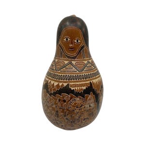 Vintage Carved Peruvian Folk Art Gourd Rattle Andean Village Scene with Llamas Hand-Carved Mate Burilado Traditional Sound Gourd 6” H