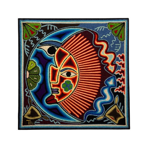 Sun and Moon Huichol Painting, Mexican Folk Art, Huichol Art