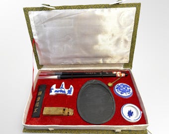 Vintage Chinese Calligraphy Writing Set Scholar Ink Stone Brush Set Sumi Ink Kit Traditional Writing Box