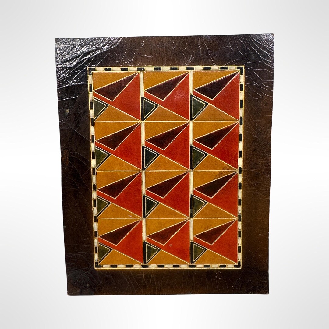 Leather Pattern Inlay Vintage Italian Leather Panel — Midcentury Geometric Inlay Design ...
