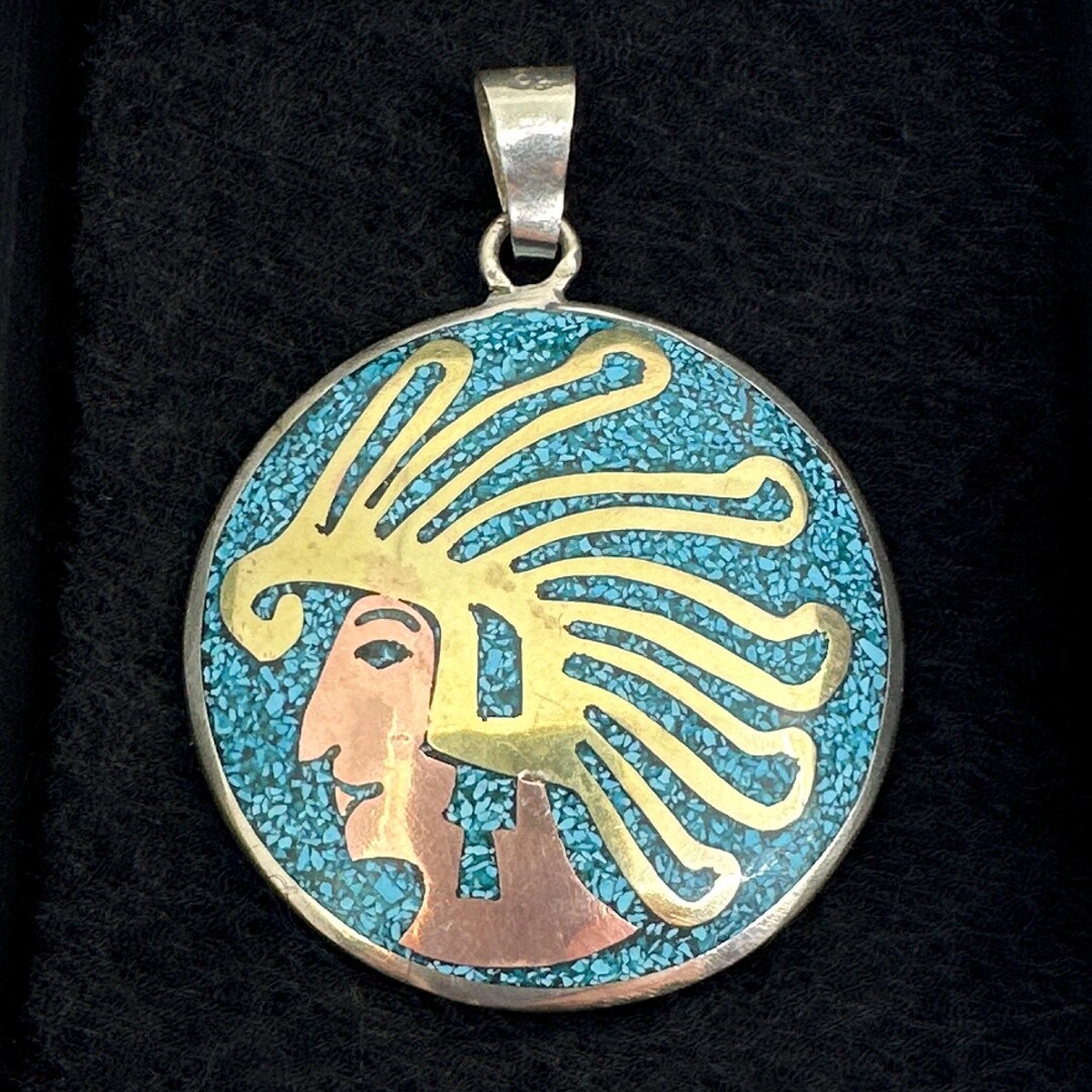 Vintage Aztec Inspired Silver Pendant, Turquoise Inlay, Mexican Folk ...