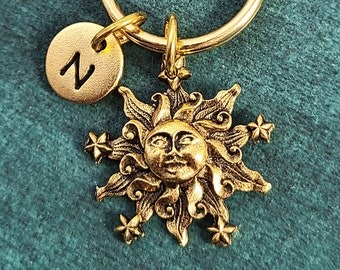 Celestial Sun Keychain SMALL Sun Charm Keychain Sun Keyring Sun Pendant Keychain Monogram Initial Keychain Personalized Keychain Sun Gift