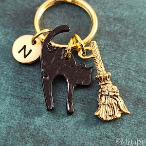 Black Cat Keychain SMALL Cat Keyring Witch Keychain Broom Keychain Halloween Keychain Halloween Gift Personalized Initial Charm Keychain