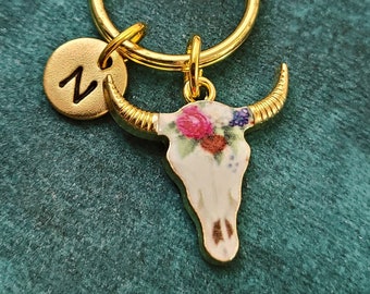 Bull Skull Keychain SMALL Flower Skull Keyring Boho Keychain Pendant Keychain Initial Keychain Western Keychain Personalized Charm Keychain