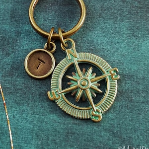 Compass Keychain SMALL Blue Patina Compass Keyring Long Distance Relationship Gift Boyfriend Keychain Travel Keychain Personalized Keychain