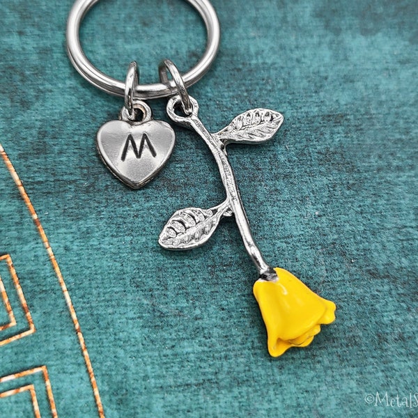 Yellow Rose Keychain SMALL Rose Charm Keychain Keyring Girlfriend Keychain Personalized Bridesmaid Keychain Initial Keychain Valentines Gift