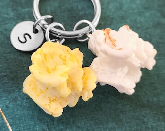 Popcorn Keychain SMALL Buttered Popcorn Keyring Personalized Initial Keychain Popcorn Charm Keychain Popcorn Pendant Keychain Food Keyring