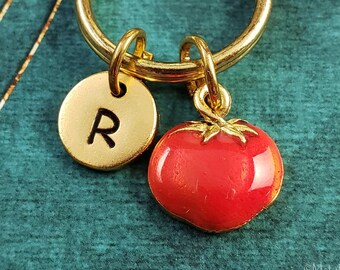 Tomato Keychain SMALL Red Tomato Pendant Charm Keychain Gardening Gift for Her Vegetable Keychain Personalized Initial Engraved Monogram