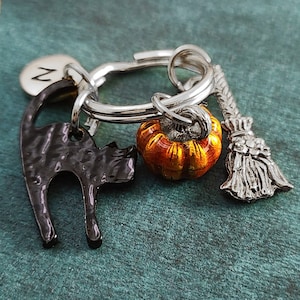 Pumpkin Keychain SMALL Black Cat Keychain Broom Keychain Witch Keychain Halloween Keychain Halloween Gift Personalized Initial Keychain