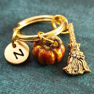 Pumpkin Keychain SMALL Broom Keychain Autumn Keychain Halloween Keychain Halloween Gift Personalized Initial Keychain Witch Charm Keychain