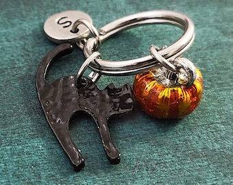 Pumpkin Keychain SMALL Pumpkin Keyring Black Cat Keychain Halloween Keychain Halloween Gift Personalized Initial Keychain Charm Keychain