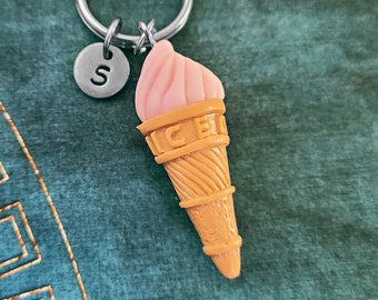 Ice Cream Keychain SMALL Strawberry Ice Cream Cone Keyring Personalized Initial Keychain Ice Cream Charm Keychain Ice Cream Pendant Food