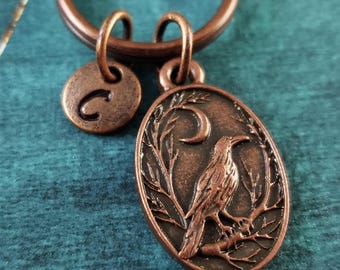 Raven Keychain SMALL Copper Tree Branch Pendant Halloween Bird Crow Charm Keyring Moon Keychain Gothic Gift Under 30 Personalized Initial