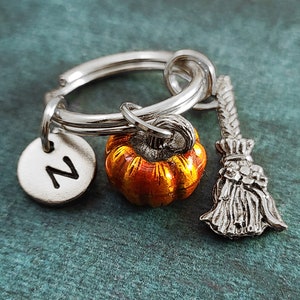 Pumpkin Keychain SMALL Broom Keychain Autumn Keychain Halloween Keychain Halloween Gift Personalized Initial Keychain Witch Charm Keychain