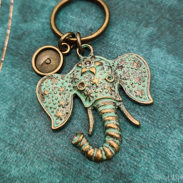 Elephant Keychain SMALL Patina Elephant Pendant Keychain Antiqued Elephant Keyring Elephant Charm Keychain Personalized Keychain Initial