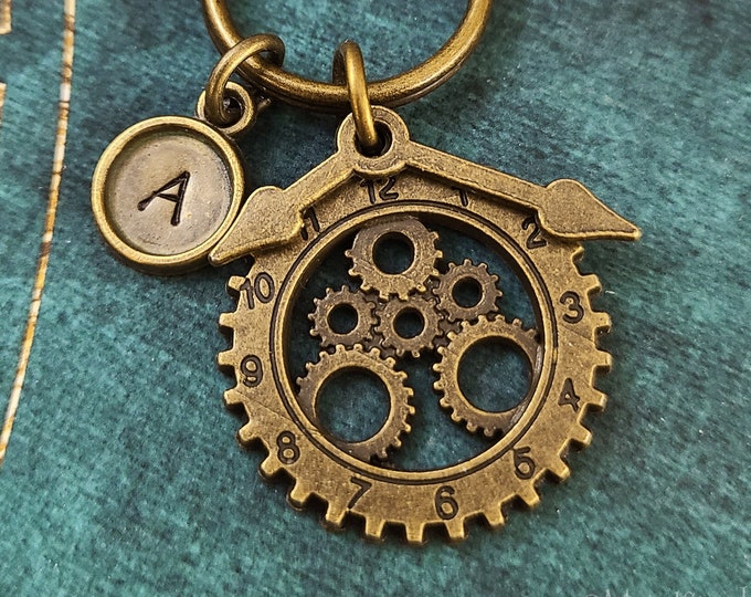 Clock Keychain SMALL Gear Keychain Cog Keyring Steampunk Keychain Personalized Initial Keychain Brass Bronze Monogram Keychain Gift for Her