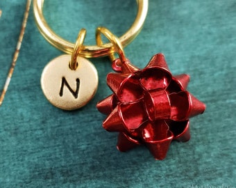 Gift Bow Keychain SMALL Red Ribbon Pendant Present Charm Stocking Stuffer Gift for Her Christmas Ribbon Personalized Initial Engraved
