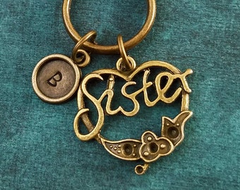 Sister Keychain SMALL Filigree Heart Keychain Sister Keyring Bronze Keyring Pendant Keychain Personalized Initial Keychain Sister Gift