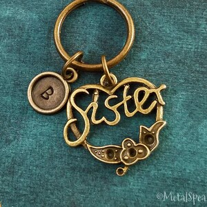 Sister Keychain SMALL Filigree Heart Keychain Sister Keyring Bronze Keyring Pendant Keychain Personalized Initial Keychain Sister Gift
