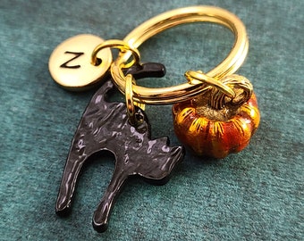 Pumpkin Keychain SMALL Pumpkin Keyring Black Cat Keychain Halloween Keychain Halloween Gift Personalized Initial Keychain Charm Keychain