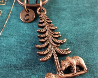 Bear Keychain SMALL Copper Grizzly Bear Pendant Pine Tree Charm Keyring Outdoors Nature Camping Hunting Gift for Him Personalized Initial