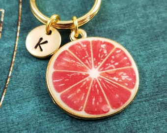 Grapefruit Keychain SMALL Red Fruit Slice Pendant Keyring Tropical Charm Custom Gift for Her Under 30 Personalized Initial Engraved Monogram