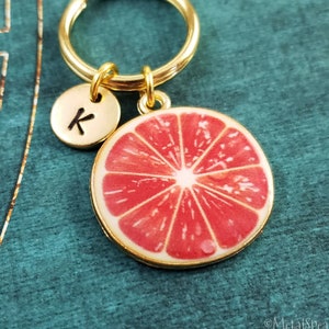 Grapefruit Keychain SMALL Red Fruit Slice Pendant Keyring Tropical Charm Custom Gift for Her Under 30 Personalized Initial Engraved Monogram