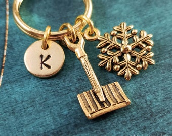 Snow Keychain SMALL Snowflake Charm Keychain Snow Shovel Keyring Personalized Initial Engraved Gift for Her Under 30 Winter Storm Blizzard