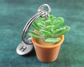 Succulent Keychain SMALL Plant Keychain Boho Keychain Green Plant Pendant Keychain Initial Charm Keychain Personalized Gift for Her Monogram