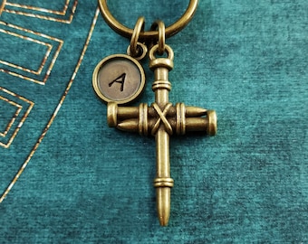 Cross Keychain SMALL Bronze Cross Keyring Nails Cross Charm Christian Keychain Personalized Initial Pendant Boyfriend Husband Gift for Him