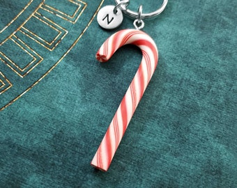 Candy Cane Keychain SMALL Candy Cane Keyring Peppermint Stick Christmas Keychain Personalized Initial Xmas Stocking Stuffer Gift Under 30